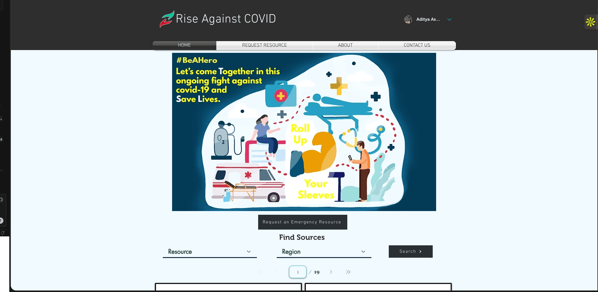 Rise Against COVID home page showing resource search for Oxygen, Ambulances, Beds, Ventilators by region