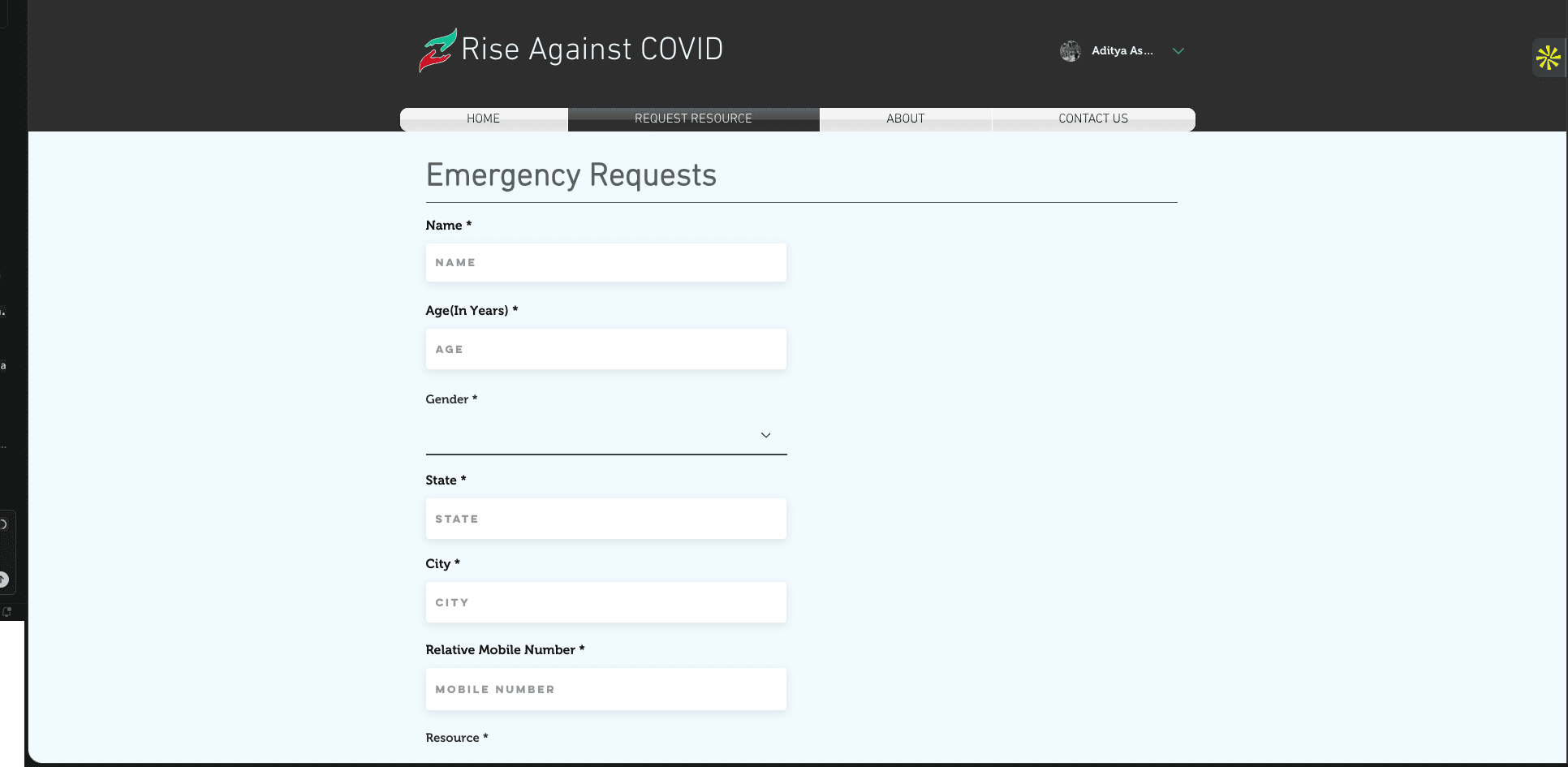Emergency request form for users to request assistance finding COVID resources